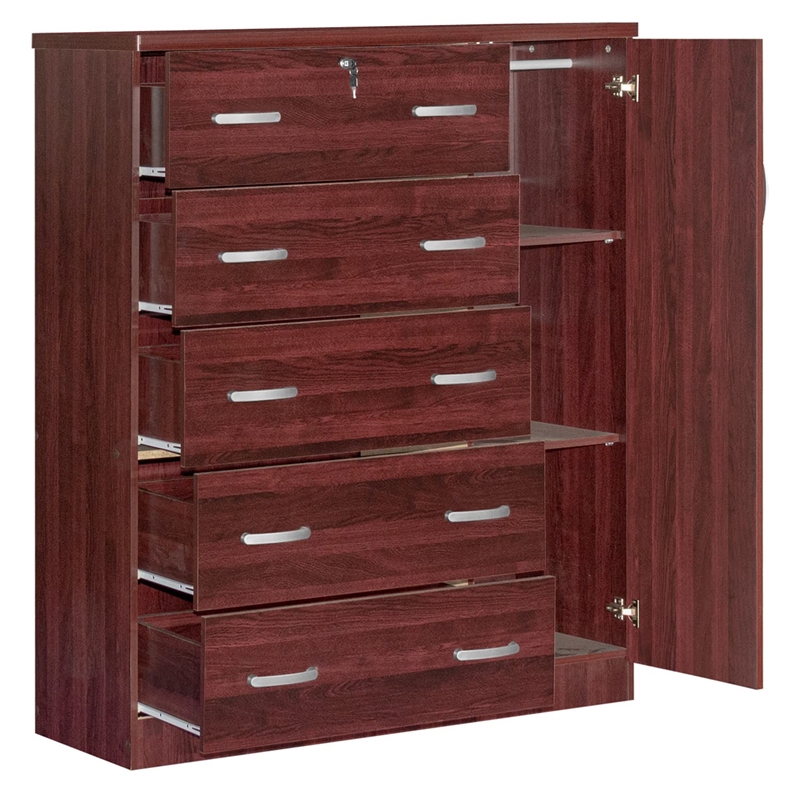 Pemberly Row Modern 5 Drawer Wooden Tall Chest Wardrobe in Mahogany
