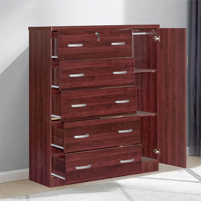 Pemberly Row Modern 5 Drawer Wooden Tall Chest Wardrobe in Mahogany