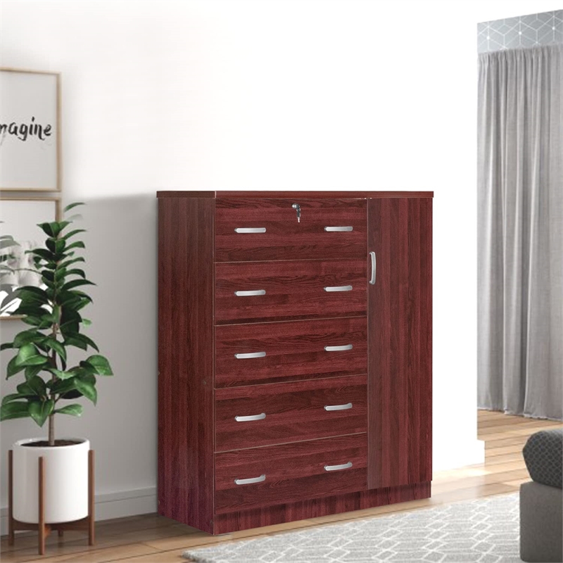Pemberly Row Modern 5 Drawer Wooden Tall Chest Wardrobe in Mahogany