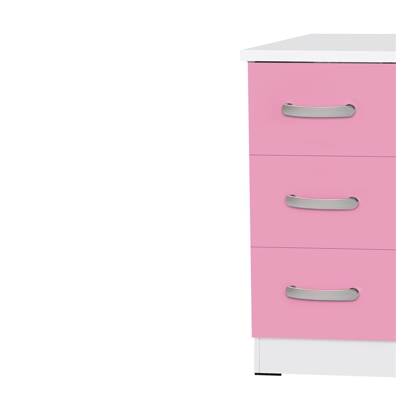 Pemberly Row Contemporary Wooden 3 Drawer Chest Bedroom Dresser in White & Pink