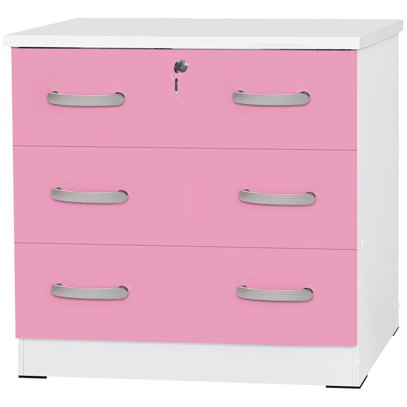 Pemberly Row Contemporary Wooden 3 Drawer Chest Bedroom Dresser in White & Pink