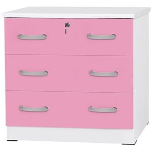 Pemberly Row Contemporary Wooden 3 Drawer Chest Bedroom Dresser in White & Pink