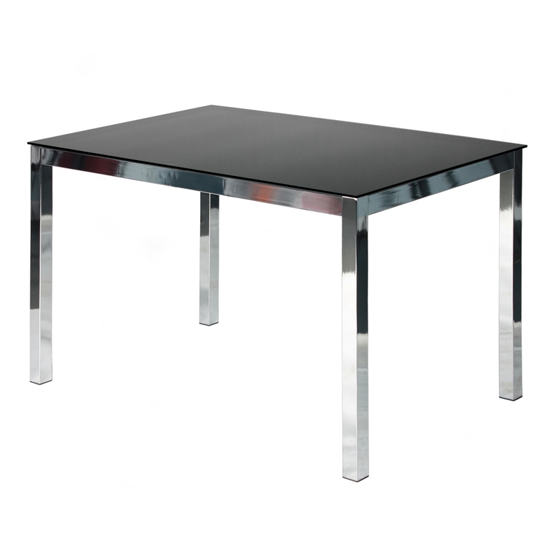 Pemberly Row Contemporary Chrome Metal Frame Black Tempered Glass Table