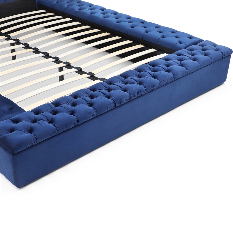 Pemberly Row Contemporary Velvet Upholstered Platform King Bed in Blue