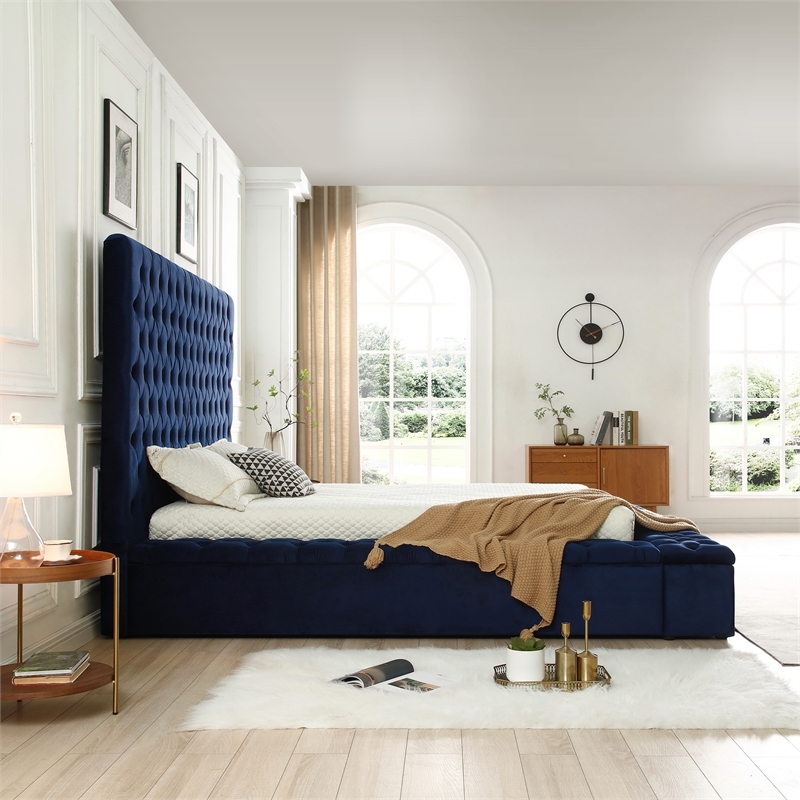 Pemberly Row Contemporary Velvet Upholstered Platform King Bed in Blue