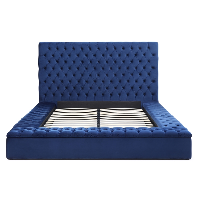 Pemberly Row Contemporary Velvet Upholstered Platform King Bed in Blue