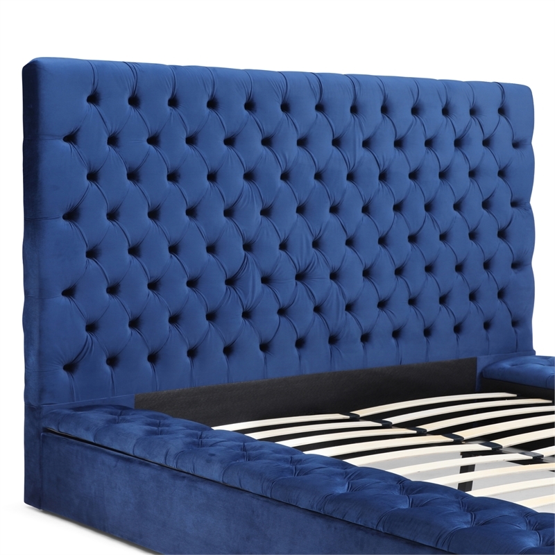 Pemberly Row Contemporary Velvet Upholstered Platform King Bed in Blue