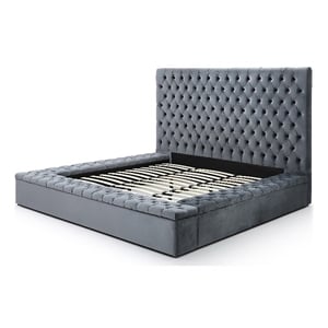 Pemberly Row Contemporary Velvet Upholstered Platform Queen Bed in Gray