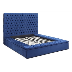 Pemberly Row Contemporary Velvet Upholstered Platform Queen Bed in Blue