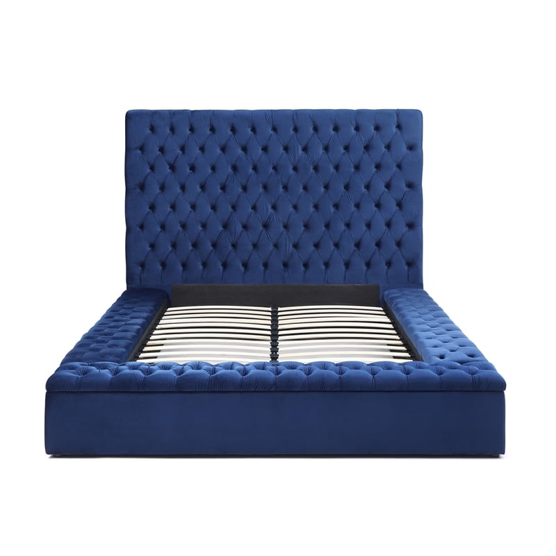Pemberly Row Contemporary Velvet Upholstered Platform Queen Bed in Blue