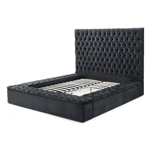 Pemberly Row Queen Size Platform Bed in Velvet with Storage in Black
