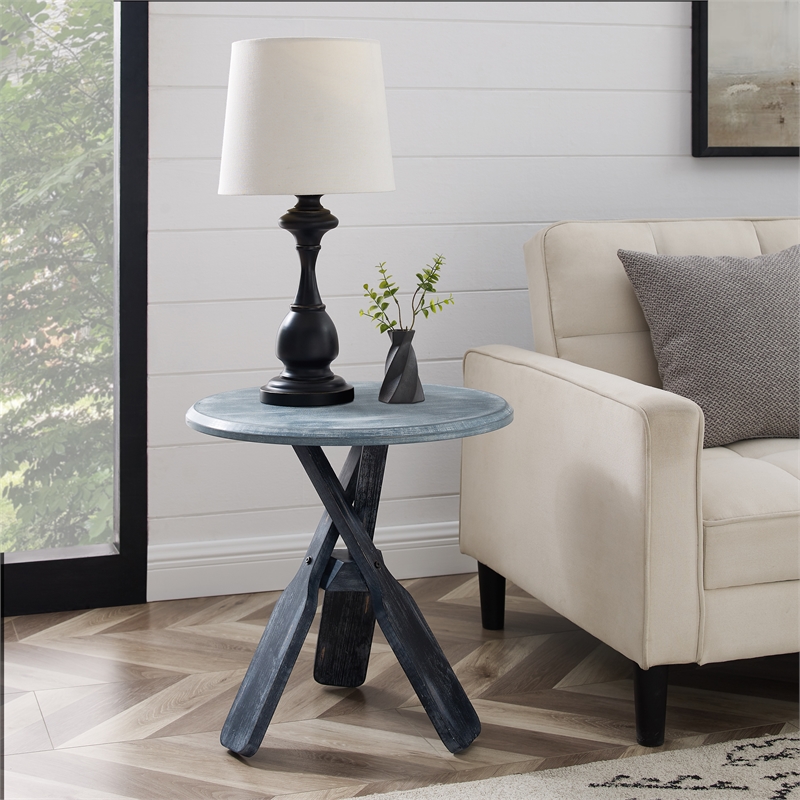 Pemberly Row Coastal Wood Side Table with Tripod Base in Distressed Blue