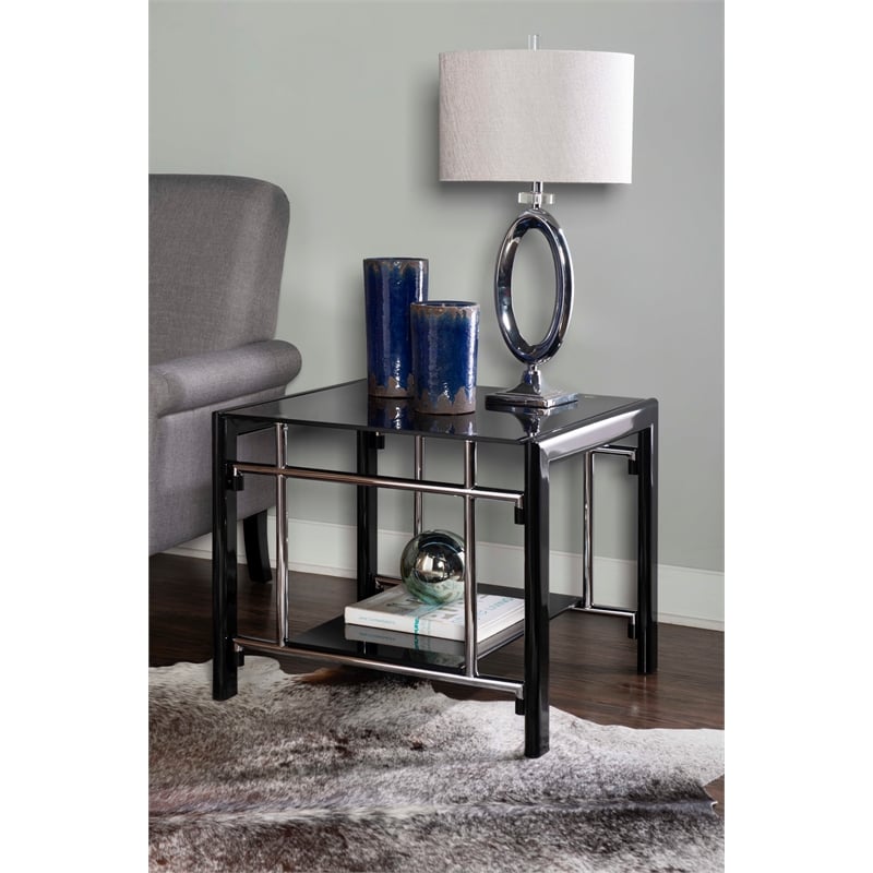 Pemberly Row Contemporary Metal End Table in Black/Chrome (Set of 2)