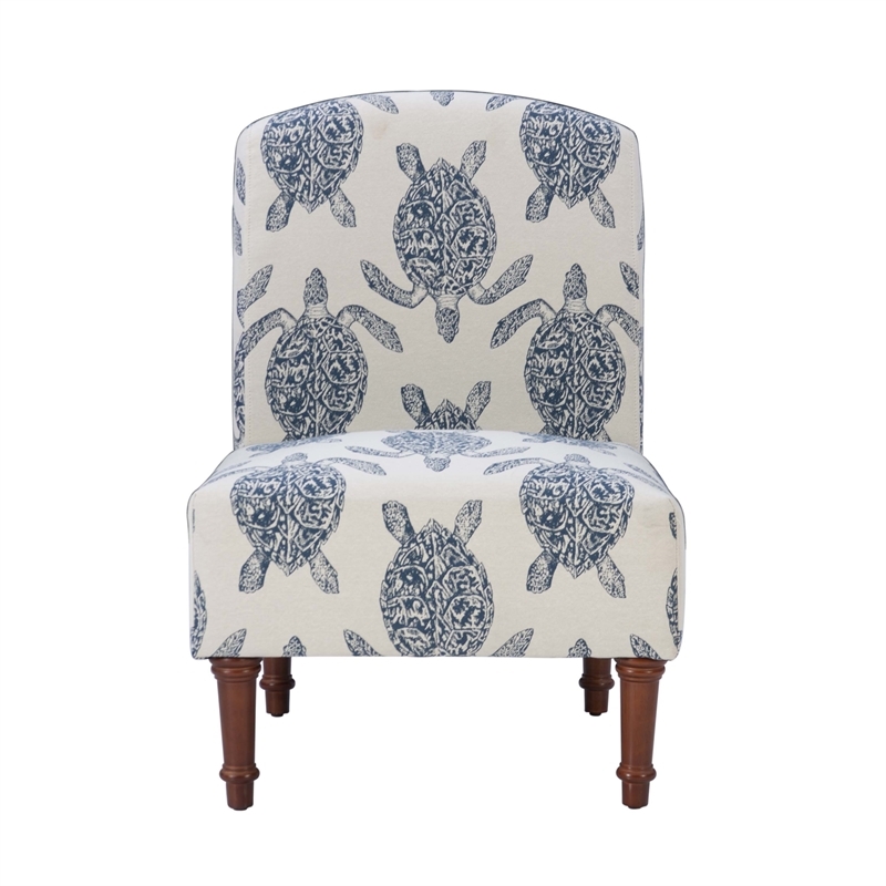 Pemberly Row Upholstered Turtle Print Armless Fabric Accent Chair in Blue/Cream