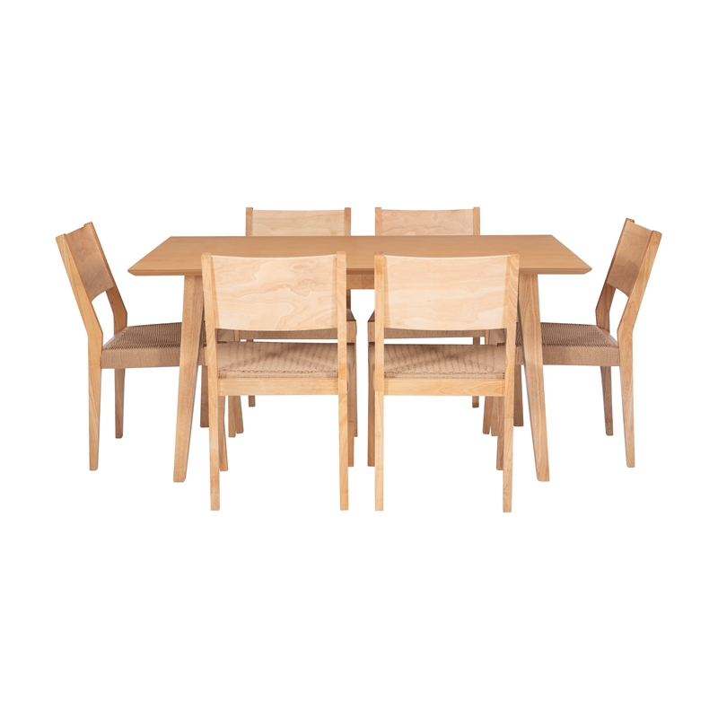 Pemberly Row Modern Seven Piece Wood Dining Set in Natural Brown