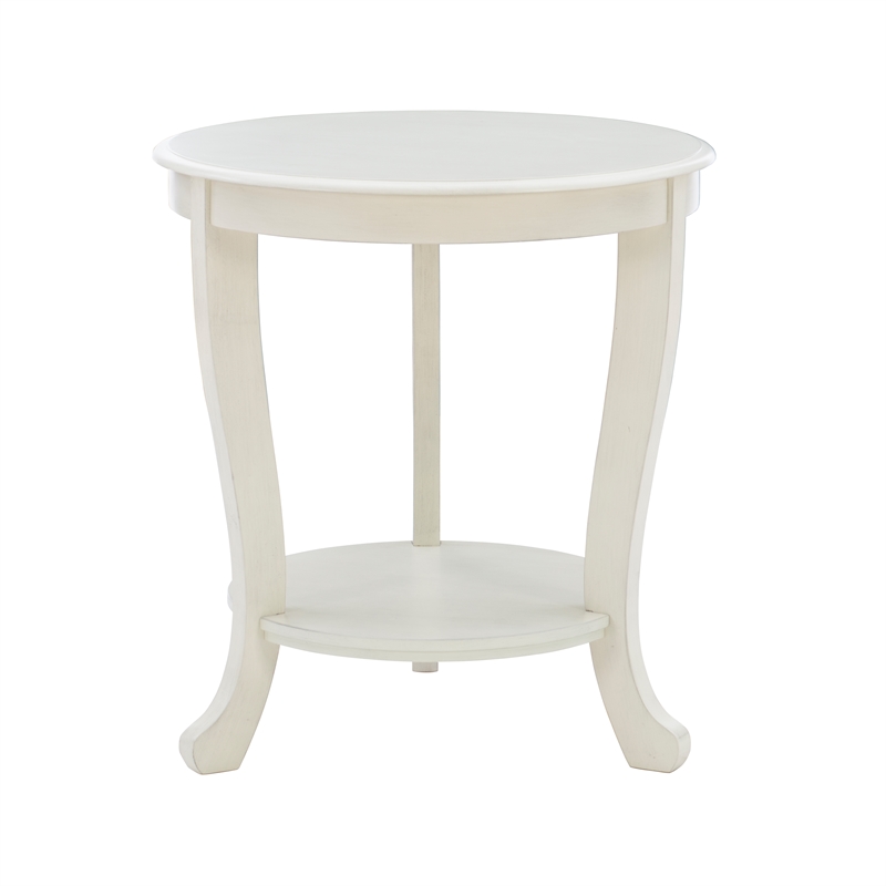 Pemberly Row Round Transitional Wood Side Table with Shelf in White Multi-Step