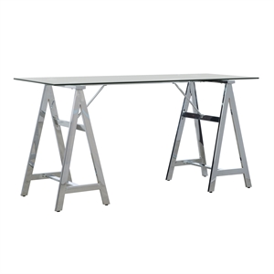 pemberly row transitional metal and glass trestle desk in chrome