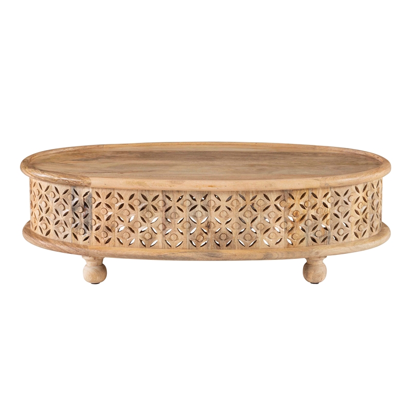 Pemberly Row Transitional Oval Mango Wood Coffee Table in Natural