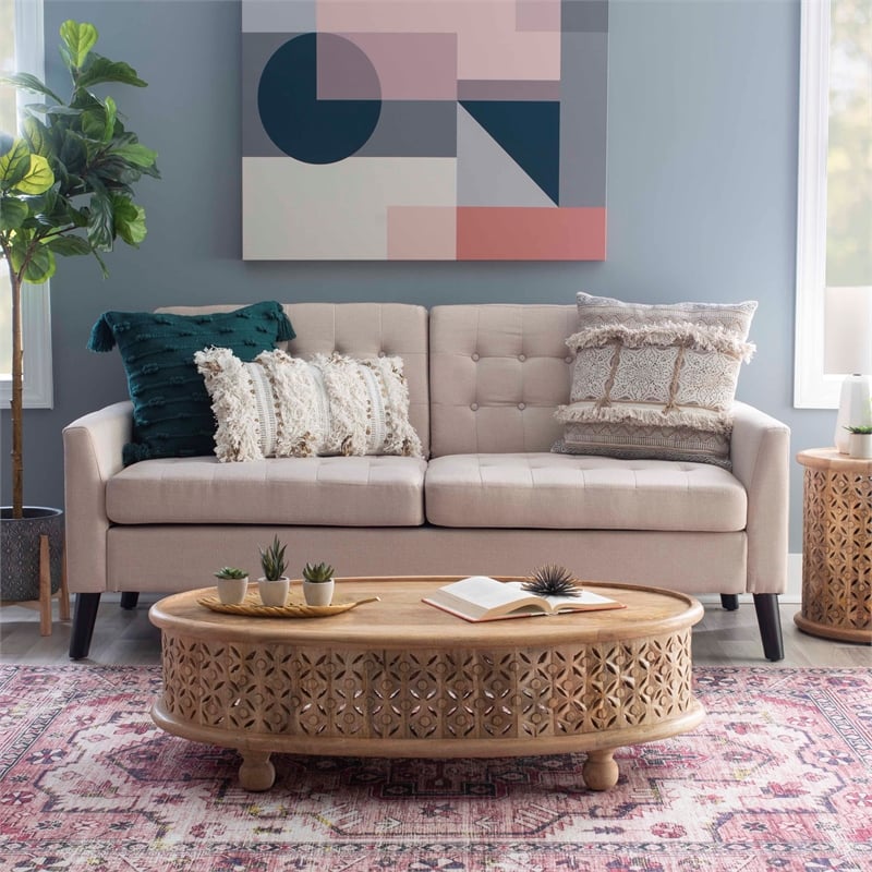 Pemberly Row Transitional Oval Mango Wood Coffee Table in Natural