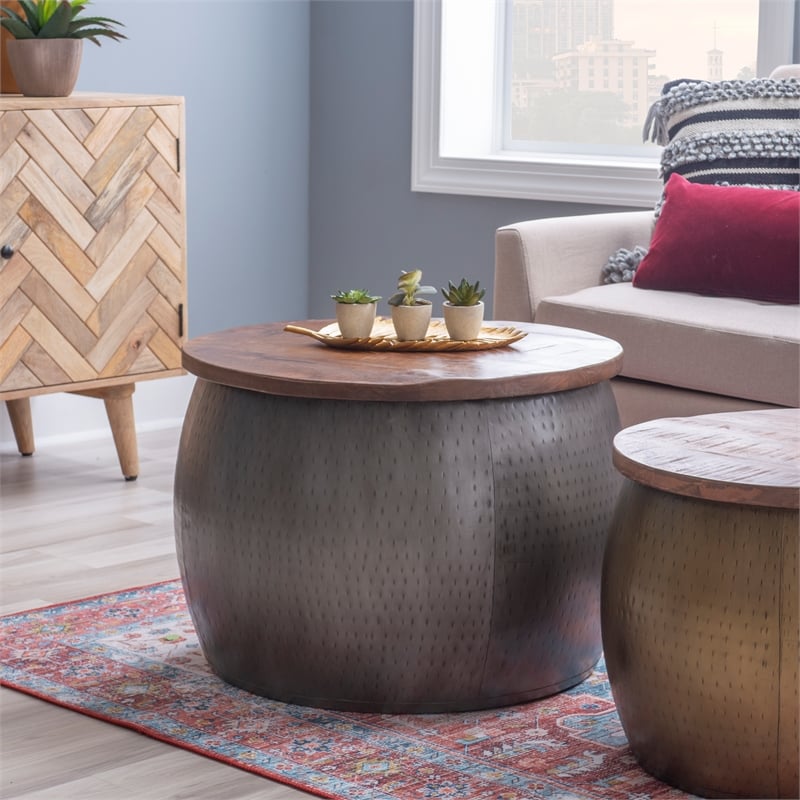 Pemberly Row Transitional Metal Drum Table with Storage in Pewter