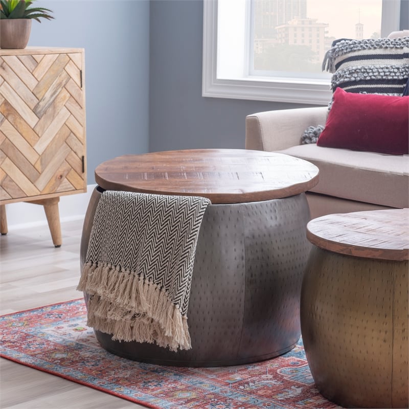 Pemberly Row Transitional Metal Drum Table with Storage in Pewter