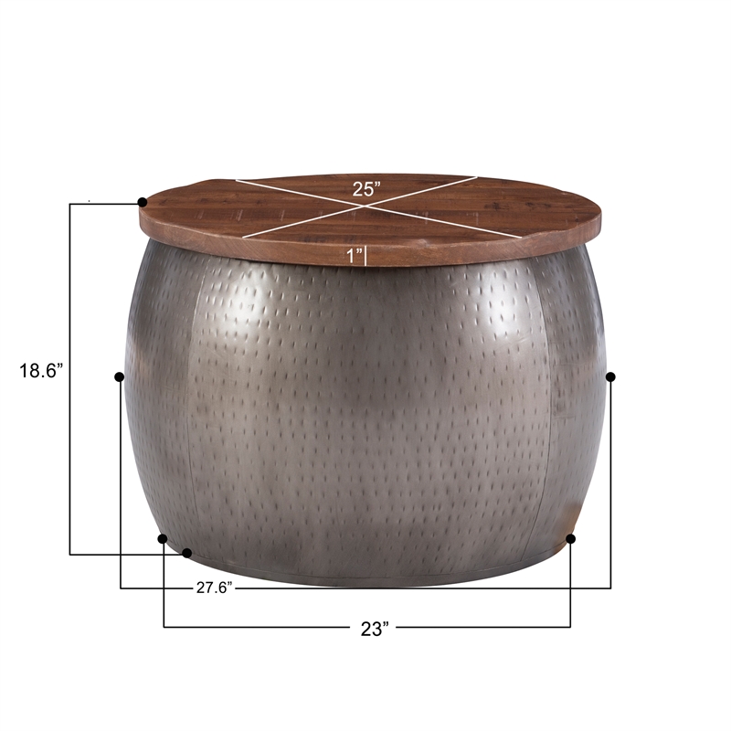 Pemberly Row Transitional Metal Drum Table with Storage in Pewter