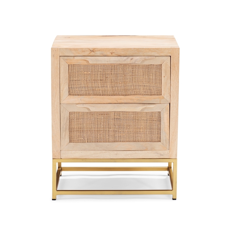 Pemberly Row 2-Drawer Transitional Wood/Metal Side Table in Natural/Gold