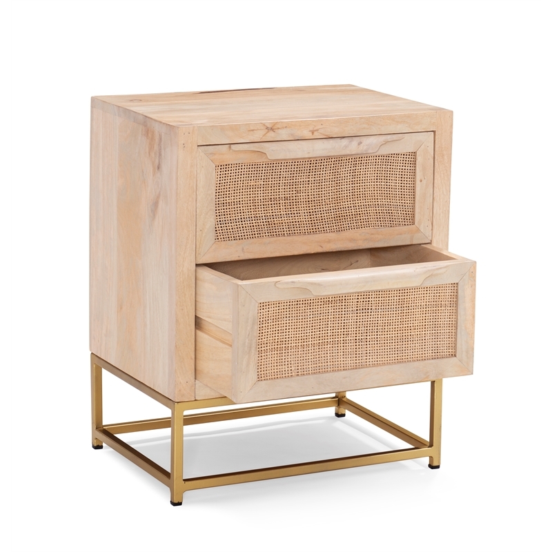 Pemberly Row 2-Drawer Transitional Wood/Metal Side Table in Natural/Gold