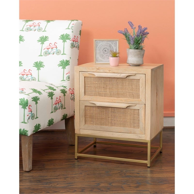 Pemberly Row 2-Drawer Transitional Wood/Metal Side Table in Natural/Gold