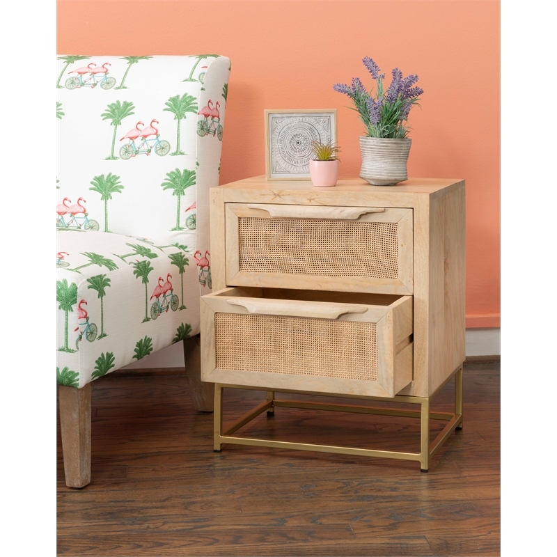 Pemberly Row 2-Drawer Transitional Wood/Metal Side Table in Natural/Gold