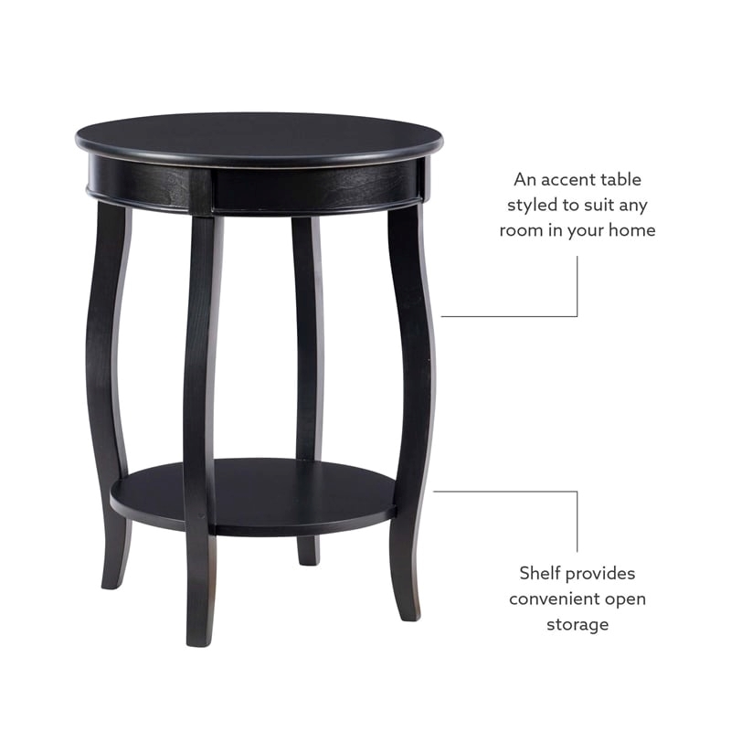Pemberly Row Round Contemporary Wood End Table with Shelf in Black