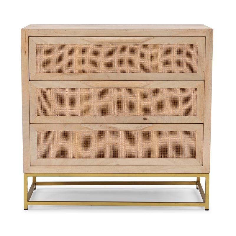 Pemberly Row 3-Drawer Transitional Wood/Metal Cabinet in Natural/Gold