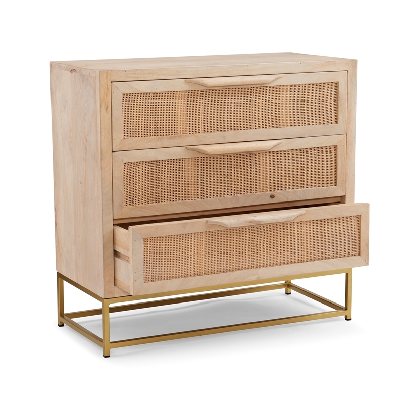 Pemberly Row 3-Drawer Transitional Wood/Metal Cabinet in Natural/Gold