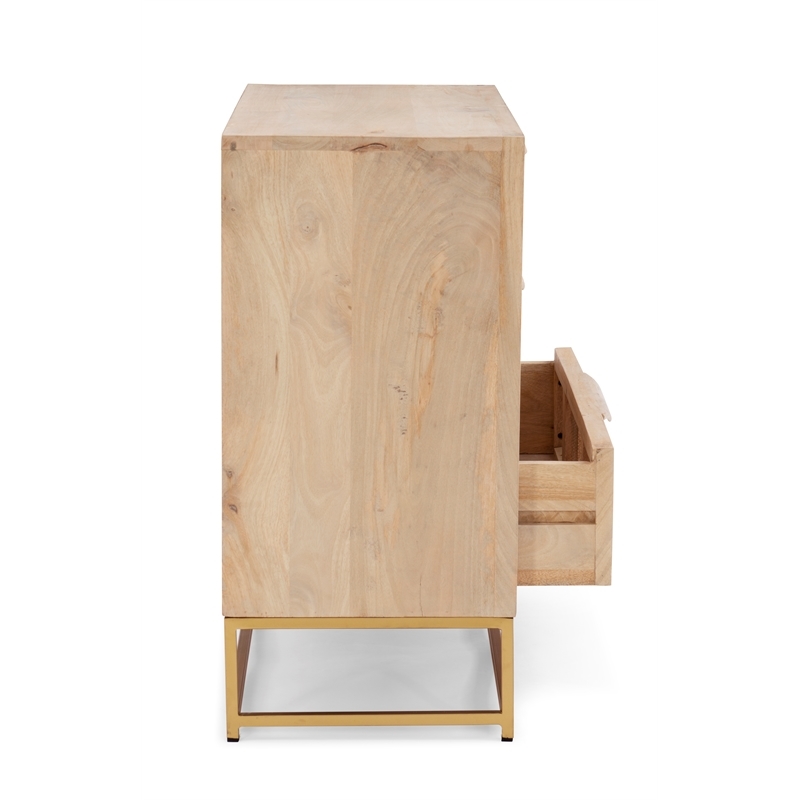 Pemberly Row 3-Drawer Transitional Wood/Metal Cabinet in Natural/Gold