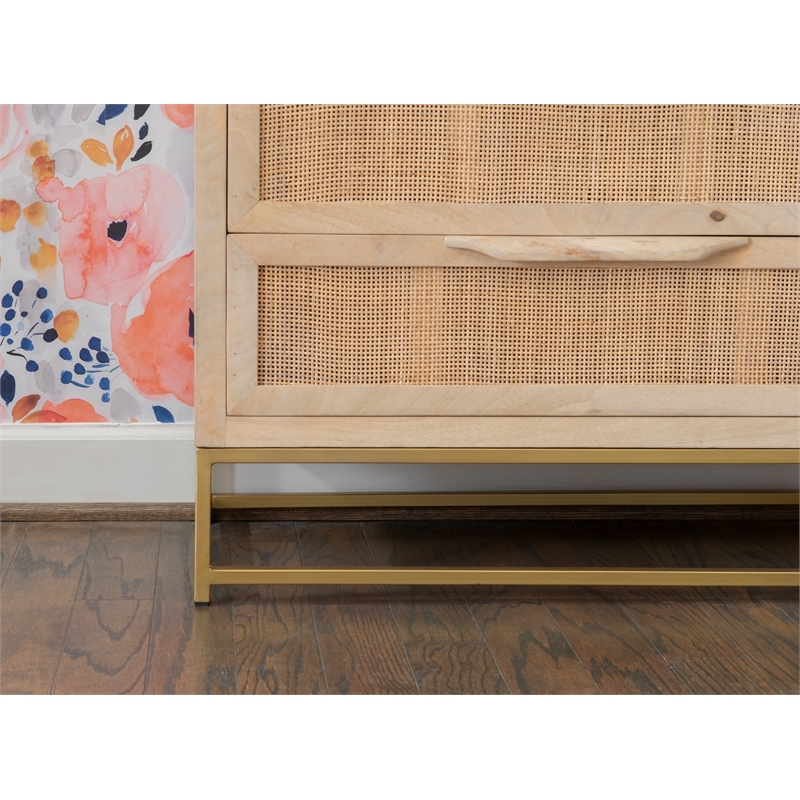 Pemberly Row 3-Drawer Transitional Wood/Metal Cabinet in Natural/Gold