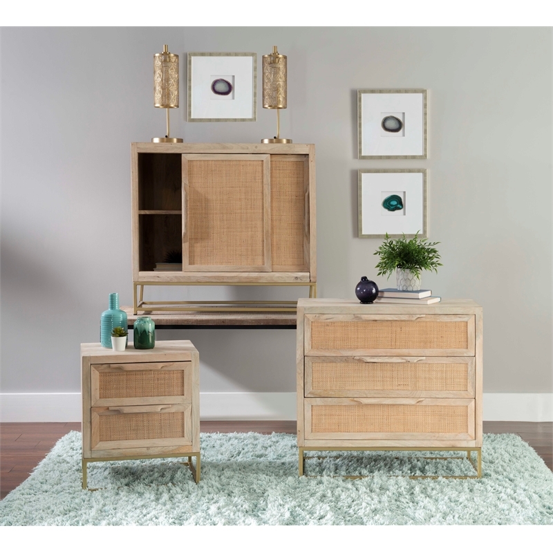 Pemberly Row 3-Drawer Transitional Wood/Metal Cabinet in Natural/Gold