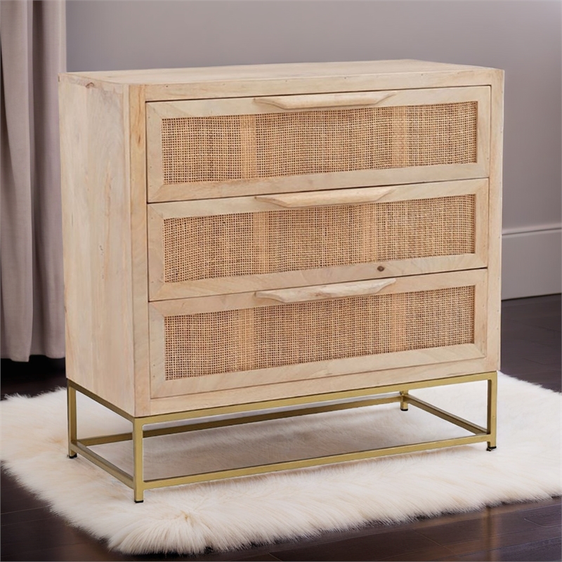 Pemberly Row 3-Drawer Transitional Wood/Metal Cabinet in Natural/Gold