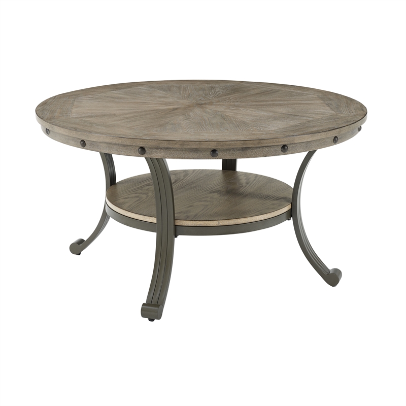 Pemberly Row Transitional Metal and Wood Round Coffee Table in Pewter