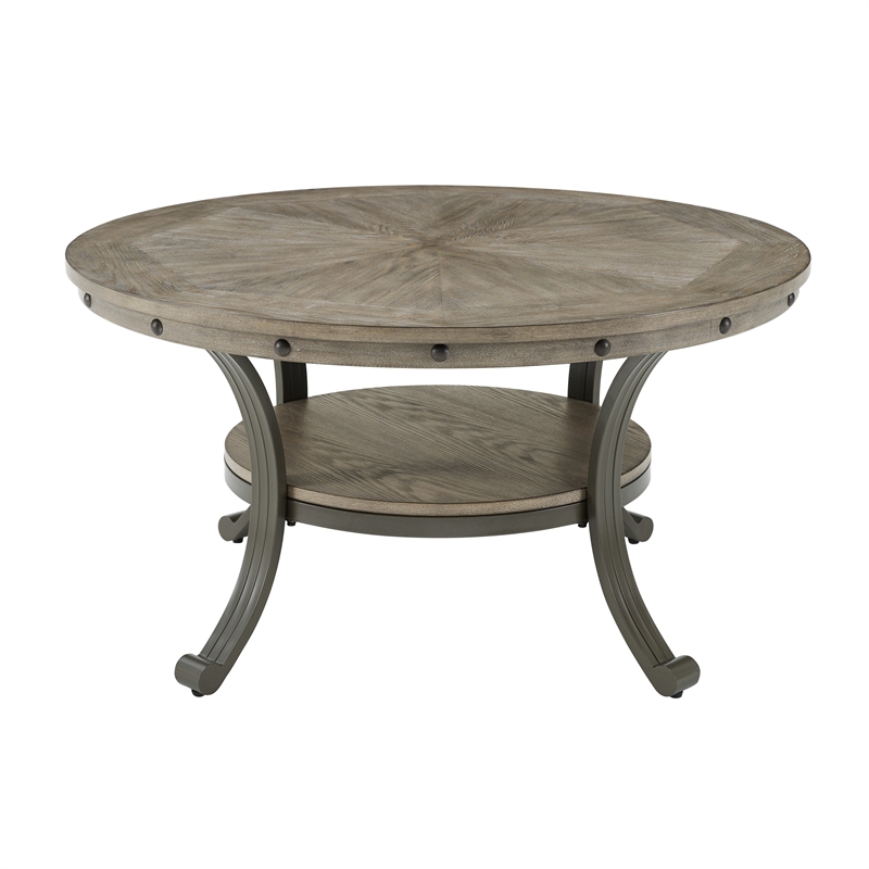Pemberly Row Transitional Metal and Wood Round Coffee Table in Pewter