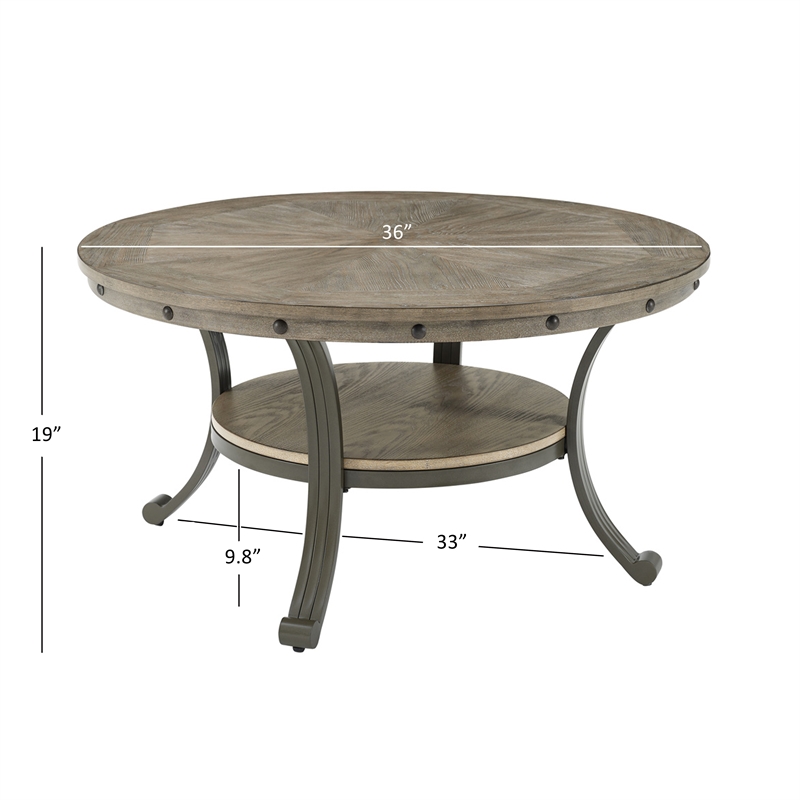 Pemberly Row Transitional Metal and Wood Round Coffee Table in Pewter