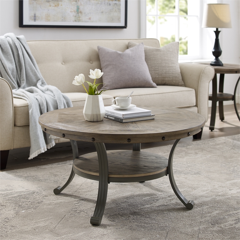 Pemberly Row Transitional Metal and Wood Round Coffee Table in Pewter