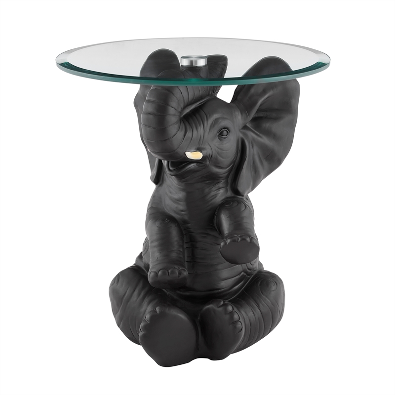 Pemberly Row Transitional Elephant Glass Top Accent Table in Dark Gray