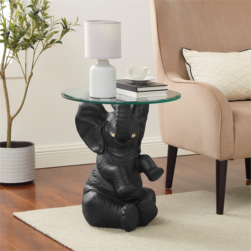 Pemberly Row Transitional Elephant Glass Top Accent Table in Dark Gray