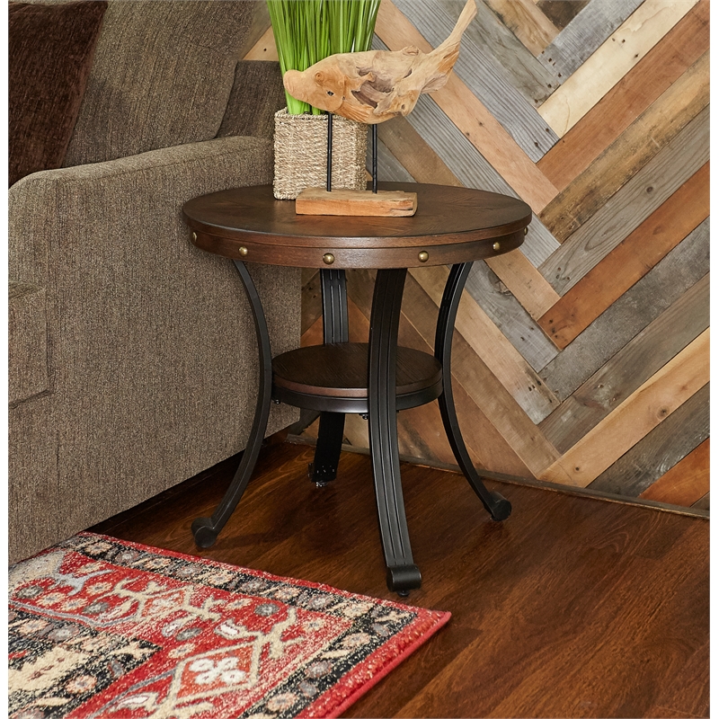 Pemberly Row Traditional Wood and Metal End Table in Rustic Umber Brown