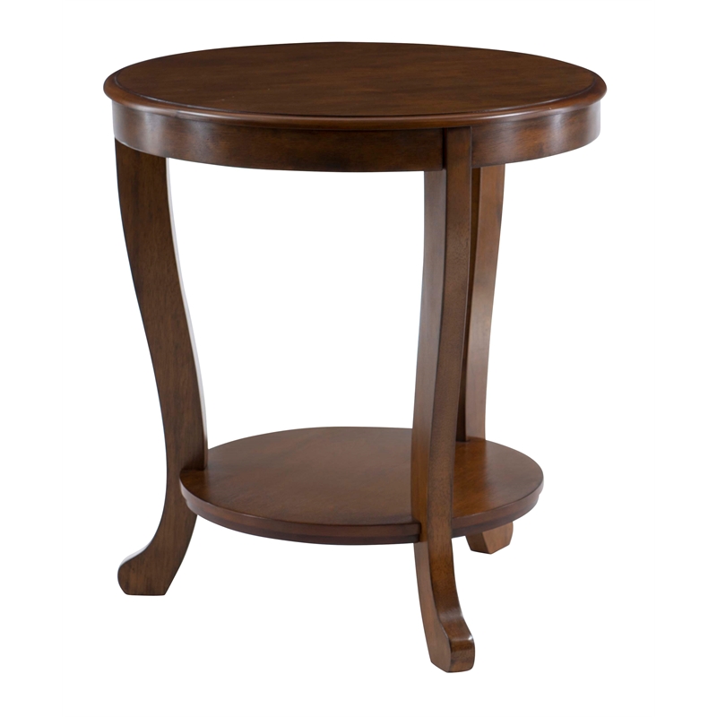 Pemberly Row Round Transitional Wood Side Table with Shelf in Hazelnut Brown