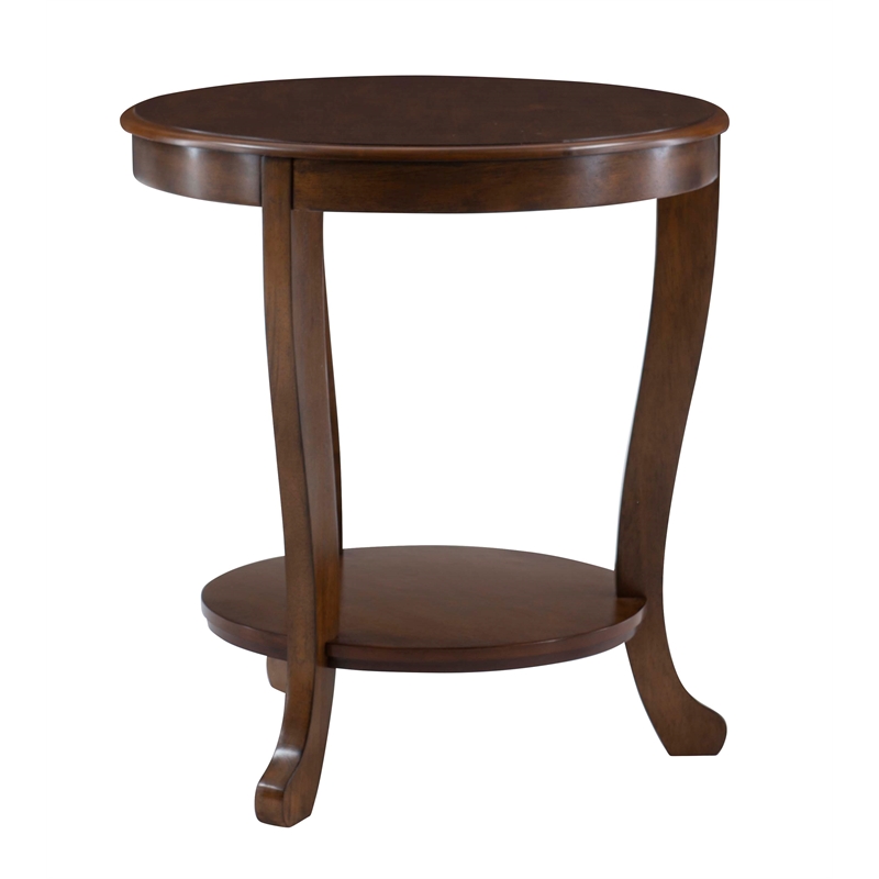 Pemberly Row Round Transitional Wood Side Table with Shelf in Hazelnut Brown