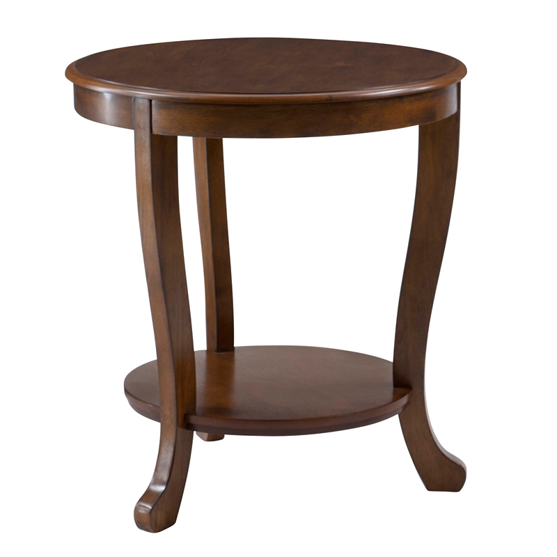 Pemberly Row Round Transitional Wood Side Table with Shelf in Hazelnut Brown