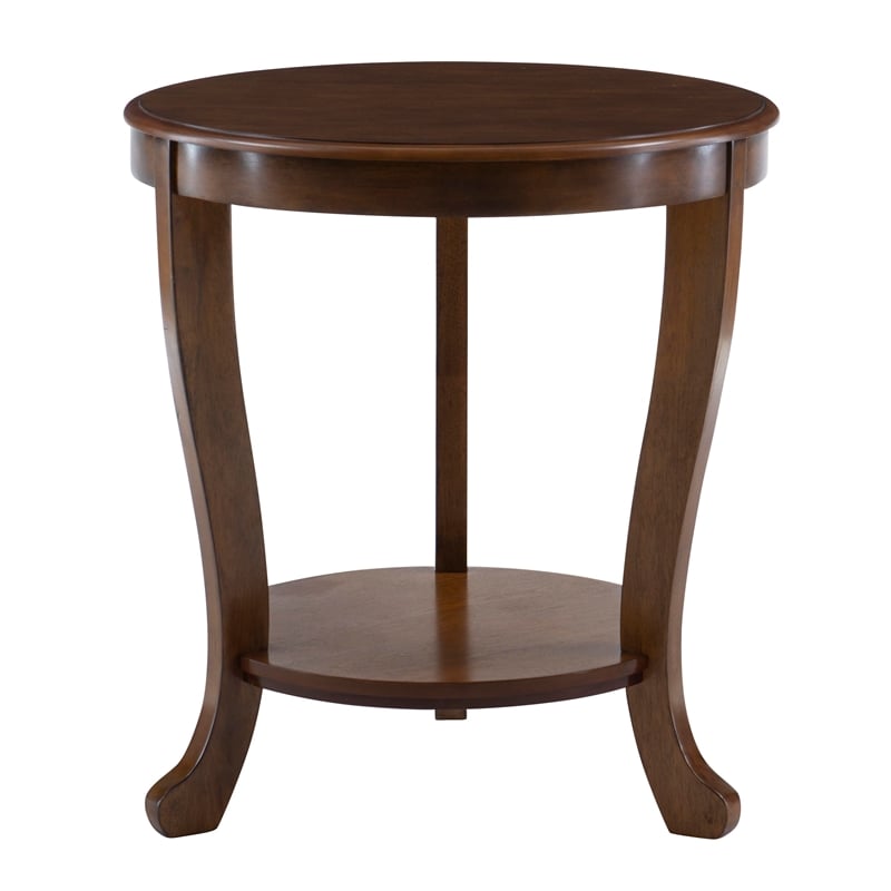 Pemberly Row Round Transitional Wood Side Table with Shelf in Hazelnut Brown