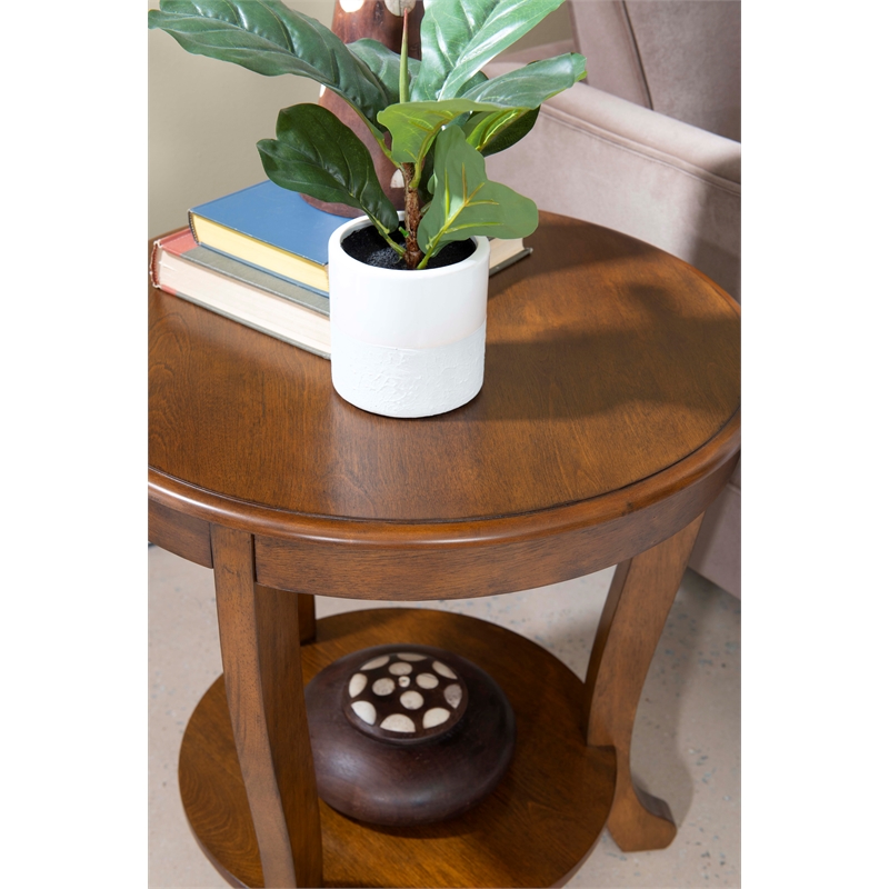 Pemberly Row Round Transitional Wood Side Table with Shelf in Hazelnut Brown