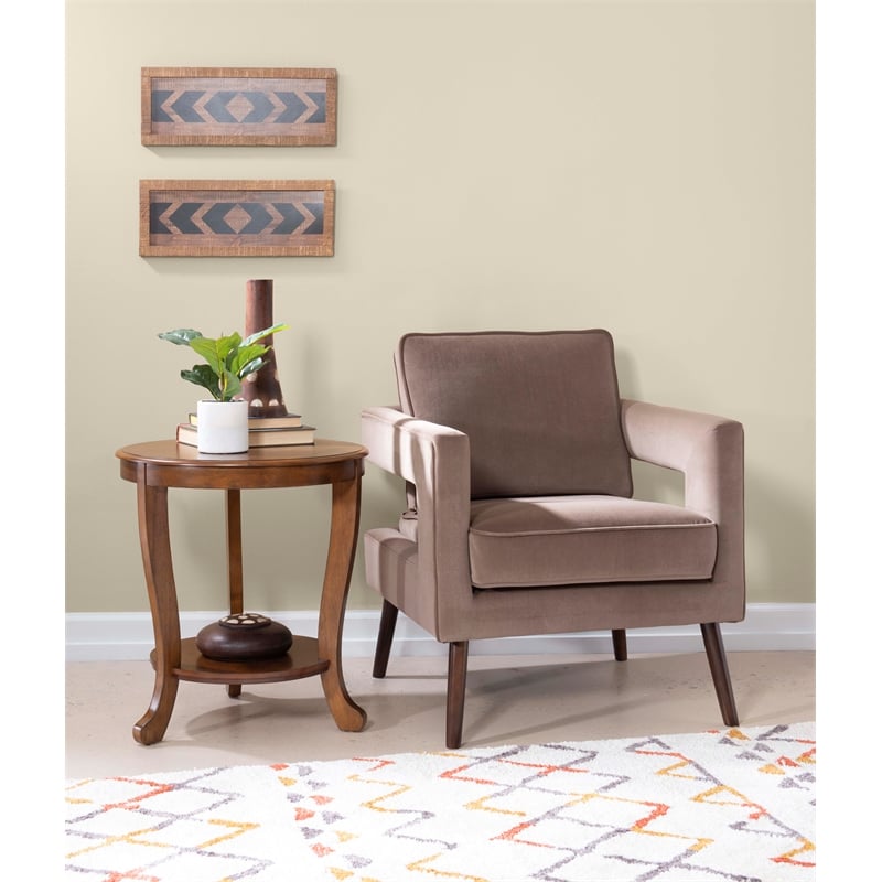 Pemberly Row Round Transitional Wood Side Table with Shelf in Hazelnut Brown